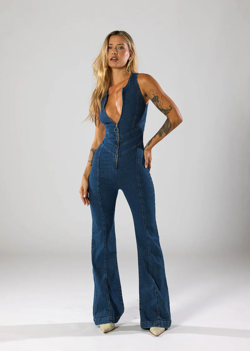 Plunge Flare Denim Jumpsuit