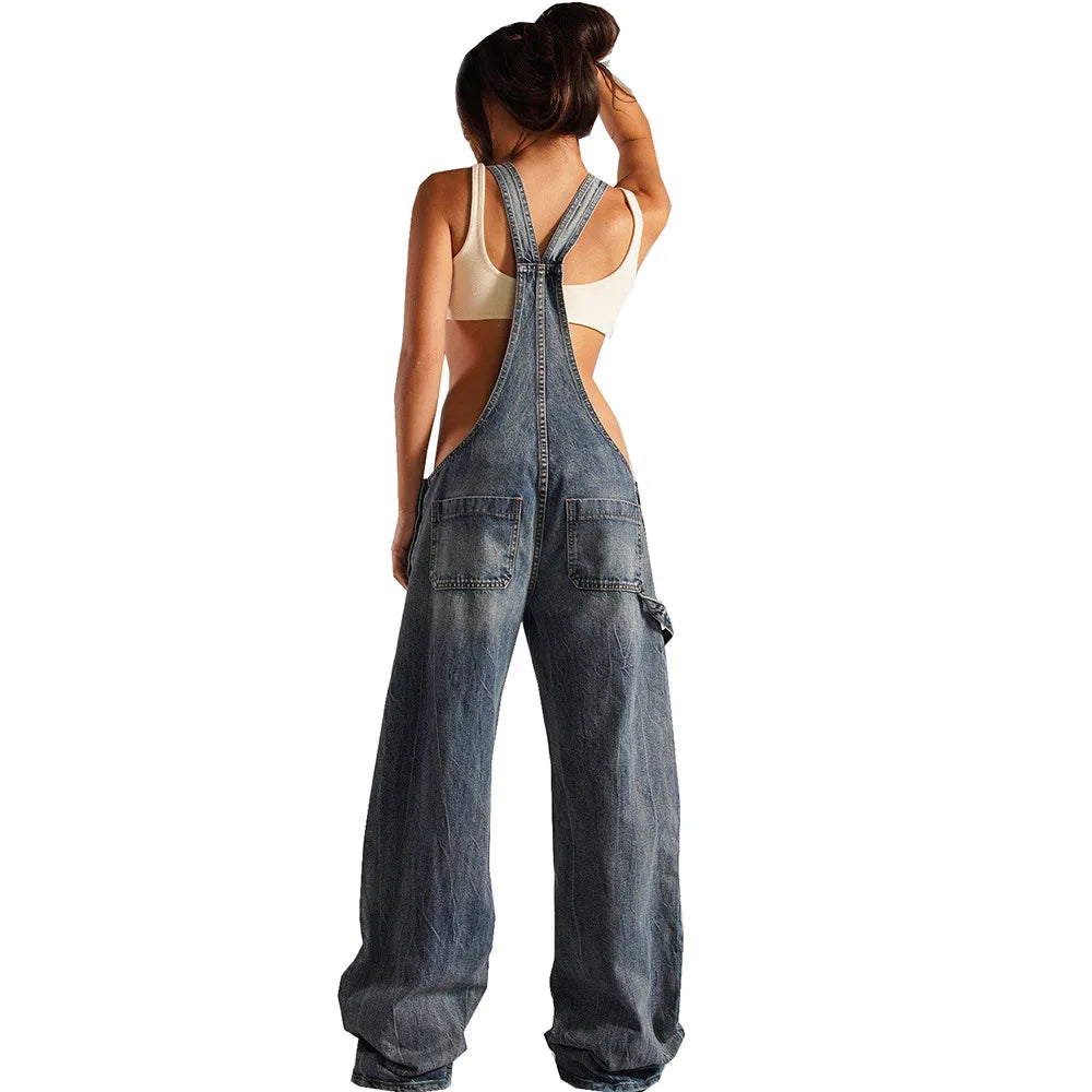 Rugged Camouflage Plunge Denim Overalls