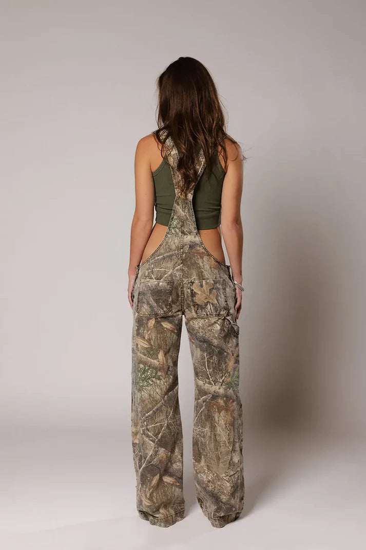 Rugged Camouflage Plunge Denim Overalls